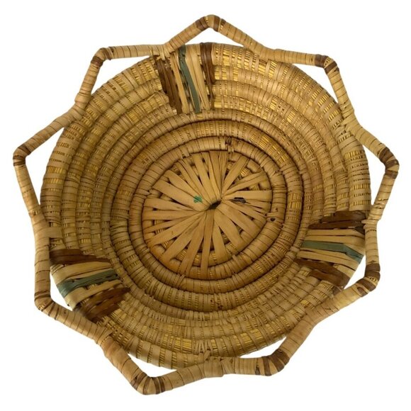 Handwoven Natural Coiled Straw Basket With Decorative Multicolor Stripes Accents - Picture 1 of 7